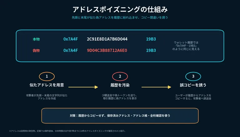 アドレスポイズニングの仕組み。先頭と末尾だけ似せた偽アドレスを履歴に紛れ込ませる