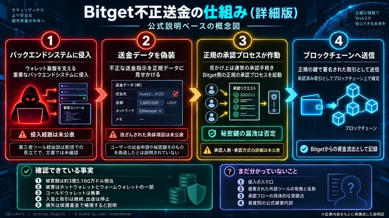 バックエンドへの侵入から送金データの偽装、正規の承認、ブロックチェーンへの送金までの流れを示す概念図