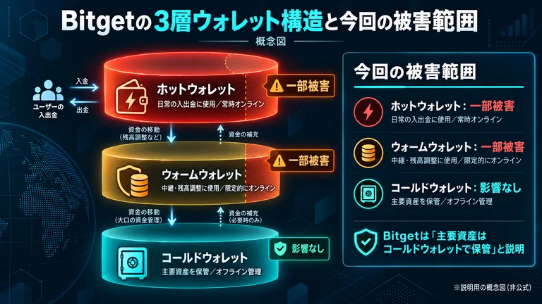Bitgetの3層ウォレット（ホット・ウォーム・コールド）と今回の被害範囲を示す概念図