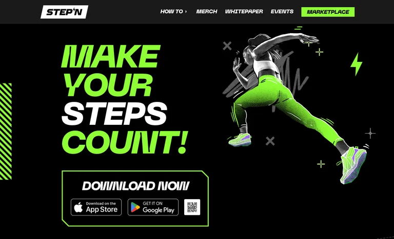 STEPN公式サイトのトップページ。見出し「MAKE YOUR STEPS COUNT!」と、App Store・Google Playのダウンロードボタン、上部のHOW TO・WHITEPAPER・MARKETPLACEなどのメニュー