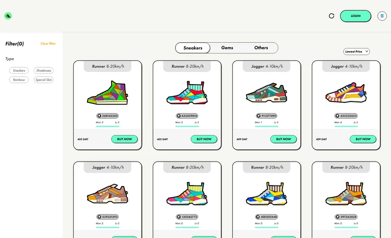 STEPNのWeb版マーケットプレイス。Sneakers・Gems・Othersのタブの下に、RunnerやJoggerのスニーカーNFTのカードが安い順に並び、GMT建ての価格とBUY NOWボタンが付いている