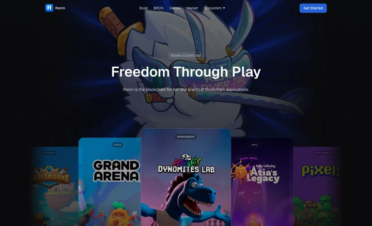 Ronin公式サイトのトップ。見出しFreedom Through Playと、Tableborne・Grand Arena・Angry Dynomites Lab・Axie Infinity: Atia's Legacy・PixelsなどRonin上のゲームのカード