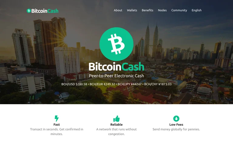 Bitcoin Cash公式サイトのトップページ。BCHのロゴと「Peer-to-Peer Electronic Cash」の標語、USD・EUR・JPY・CNY建ての価格表示、Fast・Reliable・Low Feesの3項目、上部にAbout・Wallets・Benefits・Nodes・Communityのメニュー