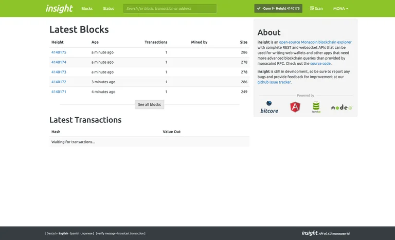Monacoinのブロックエクスプローラー「Insight」のホーム画面。Latest Blocksに高さ4140171〜4140175のブロックが1〜4分前の生成として並び、右上にHeight 4140175と表示されている