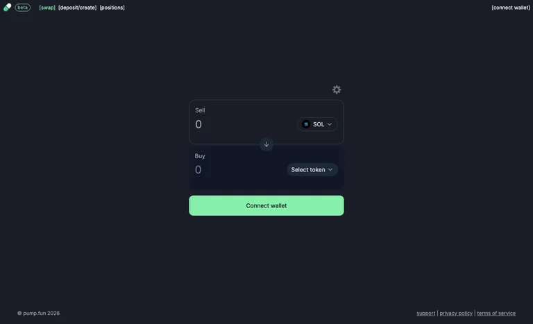PumpSwap（beta）のスワップ画面。swap・deposit/create・positionsのタブ、Sell SOLとBuy Select tokenの入力枠、Connect walletボタン