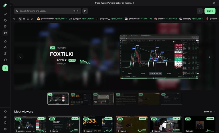 Pump.fun Liveのライブ配信一覧。LIVEバッジと時価総額付きの配信カードが並び、Most viewersの欄に6枚のカード