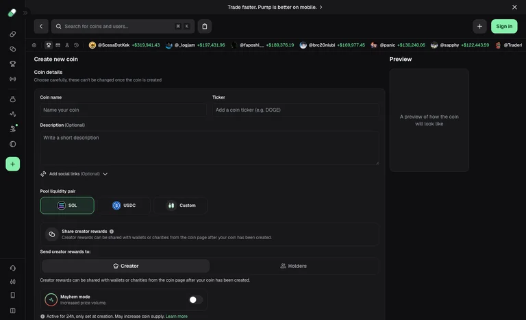 Pump.funのCreate new coinフォーム。Coin name・Ticker・Descriptionの入力欄、Pool liquidity pairのSOL／USDC／Customの3択、Share creator rewards、Mayhem modeのトグル、右にPreview枠