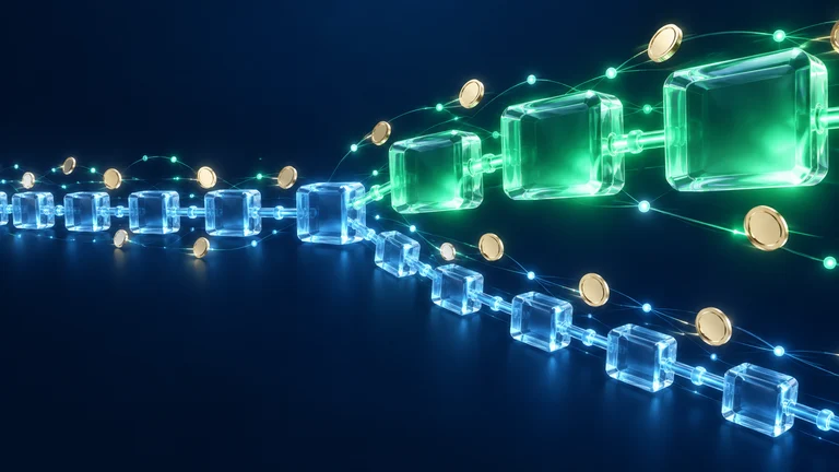 Bitcoin Cash（ビットコインキャッシュ）とBCHを紹介する記事のサムネイル。濃紺の背景に、横に伸びるブロックの連なりが途中で二股に分かれ、片方が緑に光る大きなブロックの列になり、その周りを無地のコインが光の線に沿って行き交う抽象的なイラスト