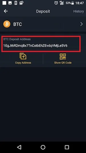 Binance　アプリ　ビットコイン　入金