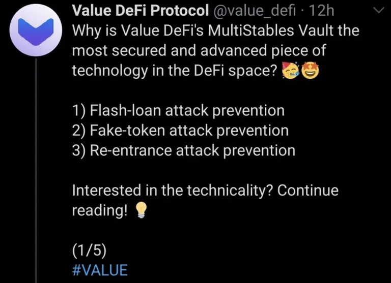 Value DeFi Protocol のFlash-loanに言及するツイート(現在は削除済み) 