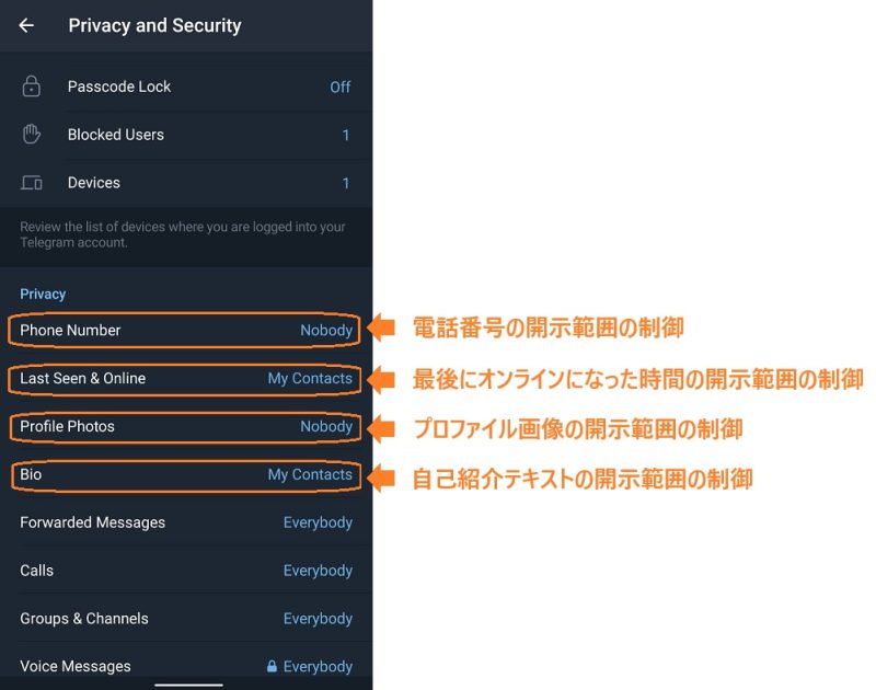 Telegramプロファイル開示範囲制御