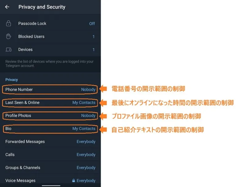 Telegramプロファイル開示範囲制御