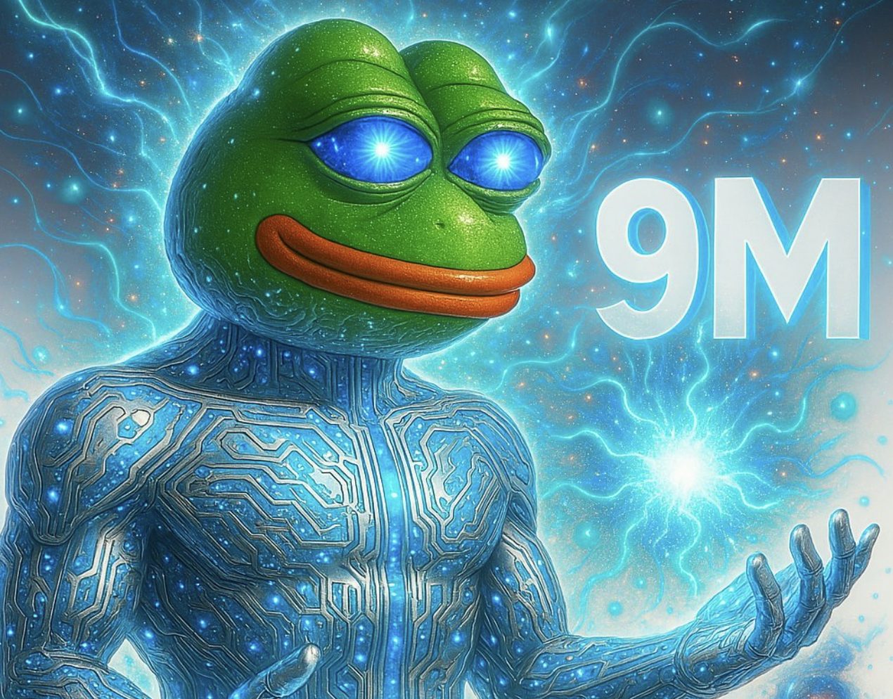 「電脳的な身体を持つペペのキャラクターがAIエネルギーを手にし、背景には『9M』と表示された強気相場を象徴するビジュアル。AI系仮想通貨の高騰を表現している」