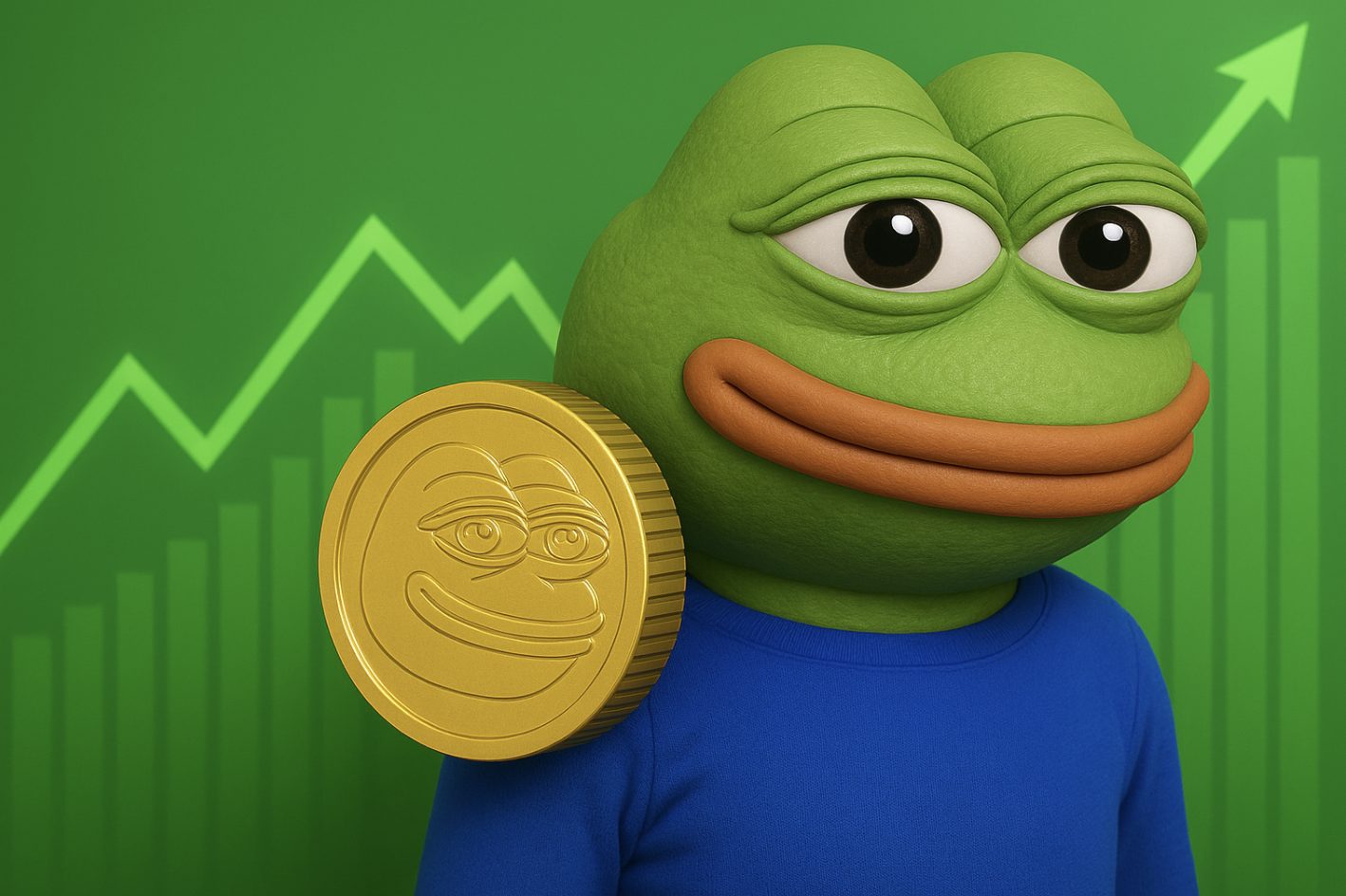 「金色のペペコインを肩に乗せたキャラクターが、上昇するチャート背景の前に立ち、仮想通貨PEPEの高騰と市場の盛り上がりを象徴している構図」 