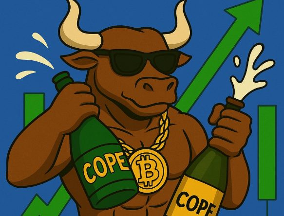 ビットコインのネックレスをかけた強気の牛が『COPE』と書かれたシャンパンボトルを両手に持ち、上昇チャートを背景に祝っているイラスト