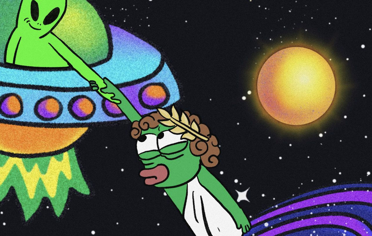 宇宙空間でUFOに乗った緑色の宇宙人が、ローマ風の衣装を着たミーム風キャラクターの手を取って助け上げる様子で、背景には輝く太陽と銀河の渦が広がっている。