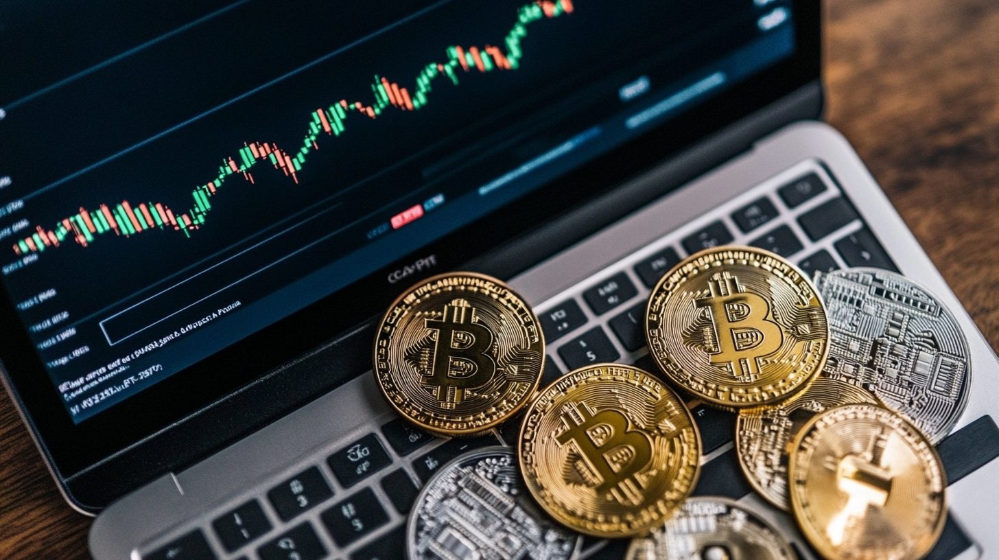 ノートパソコンのキーボード上に並ぶビットコインと暗号資産のコイン、画面には価格チャートが表示されている