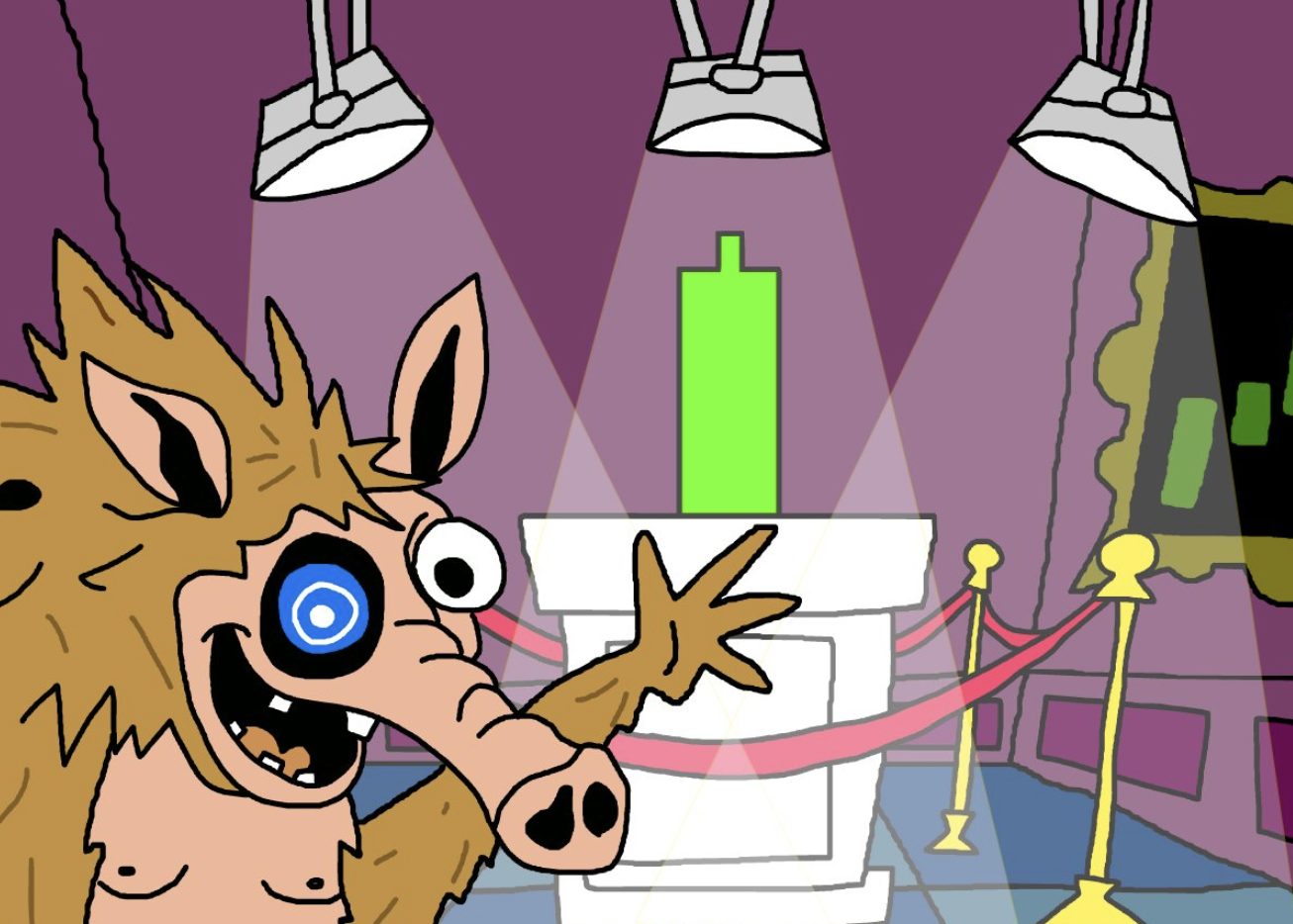 Snorterキャラクターが博物館の展示のように緑の陽線(グリーンキャンドル)を紹介している様子。仮想通貨市場の急上昇をユーモラスに表現