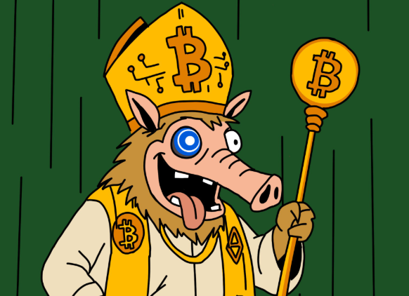 ビットコインのシンボルを身につけたSnorterキャラクターが司祭のような姿で杖を持つイラスト