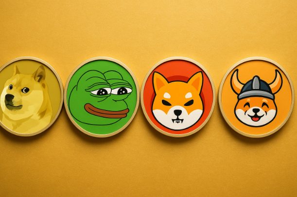 人気のミームコイン（ドージ、ペペ、柴犬、バイキング風キャラクター）のアイコンが並ぶイラスト