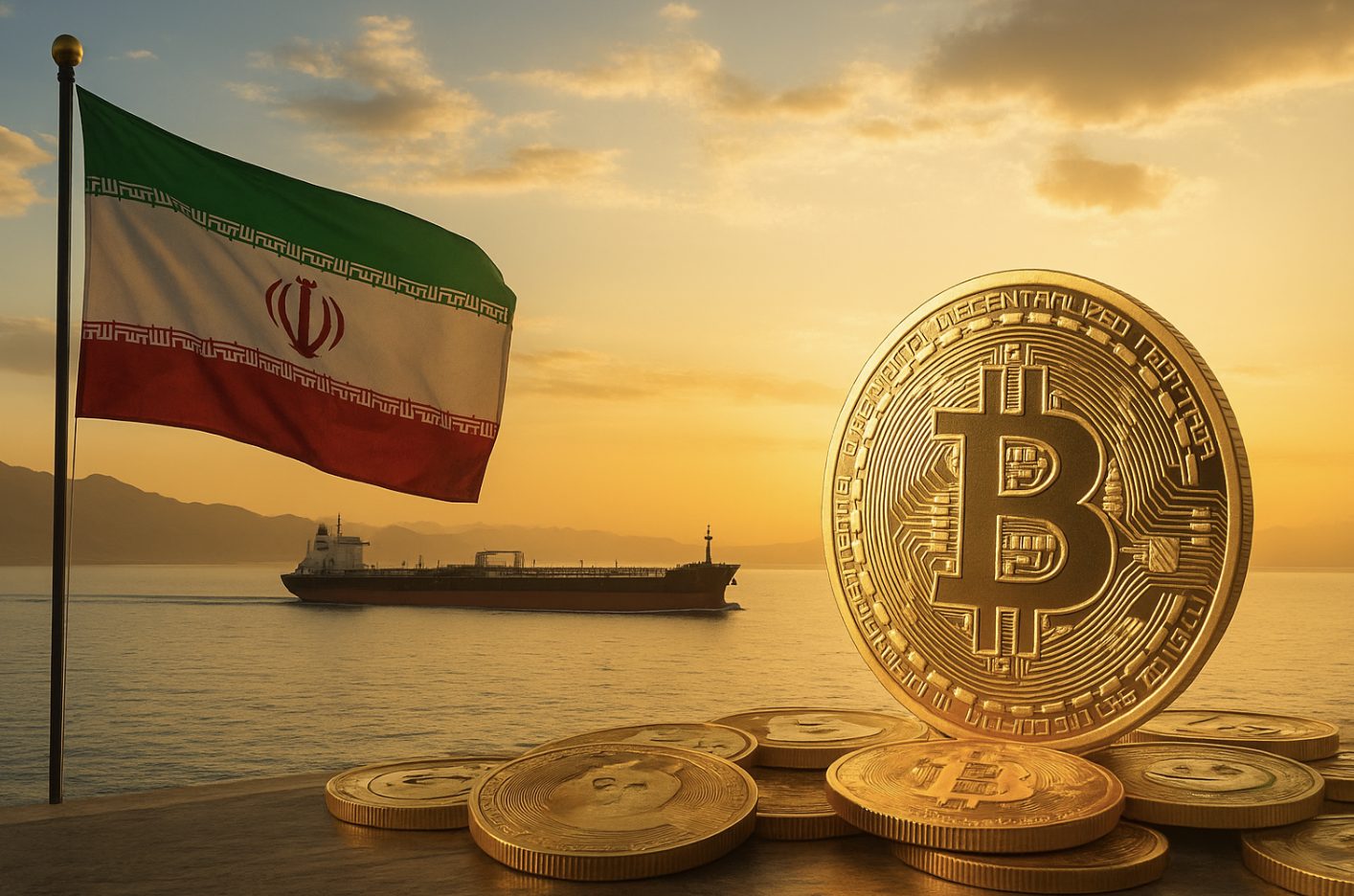イラン国旗が掲げられた海上に大型タンカーが進み、手前には夕日を背景にしたビットコインのコインが積まれている構図。地政学的リスクと仮想通貨の関係性を象徴。