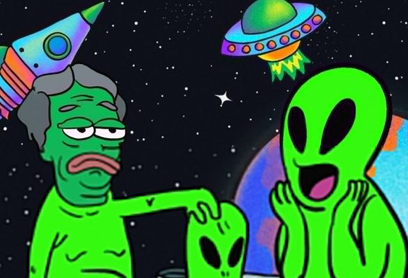 宇宙で出会ったエイリアンたちと宇宙船を背景に、驚く表情と冷静な表情のキャラクターが描かれたユーモラスなイラスト。