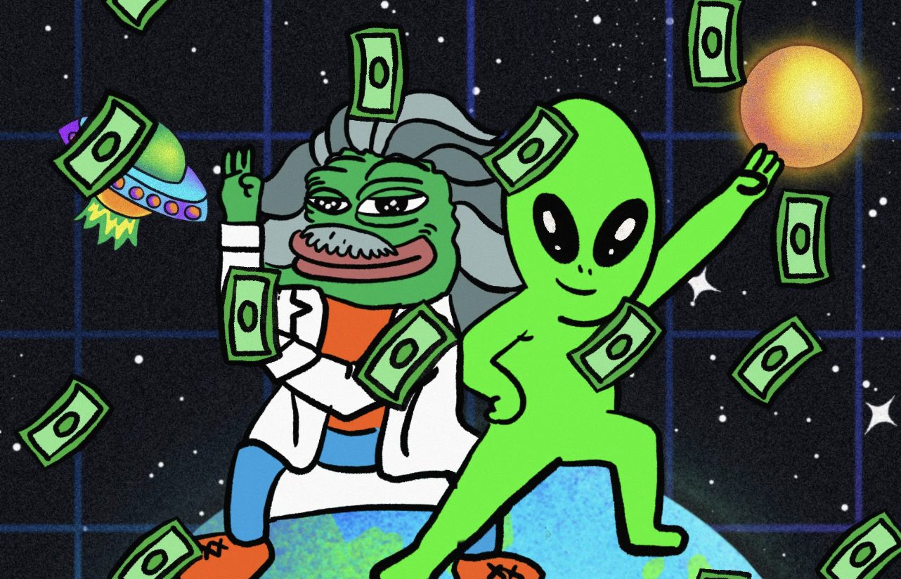 宇宙空間で紙幣を降らせながらポーズを決める宇宙人と博士風のキャラクター。背景には惑星とUFO、暗い星空が描かれている