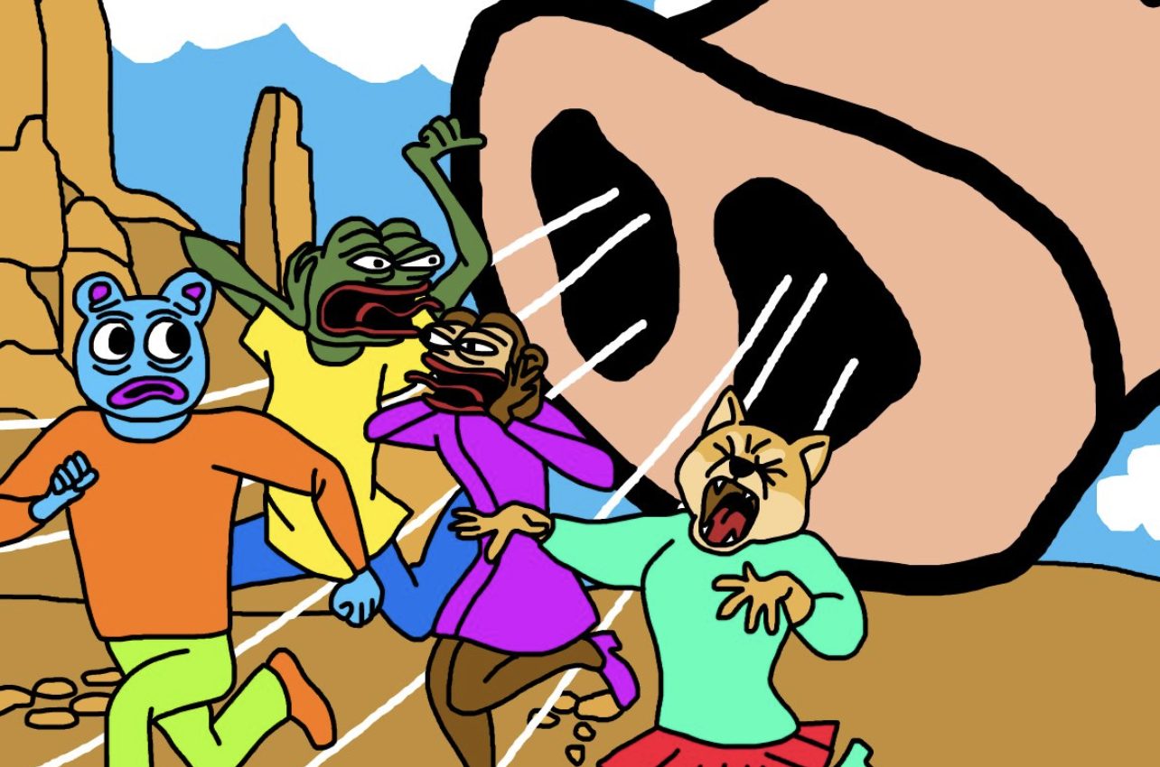 巨大なツチブタの鼻から逃げ惑うキャラクターたちを描いたコミカルなイラスト