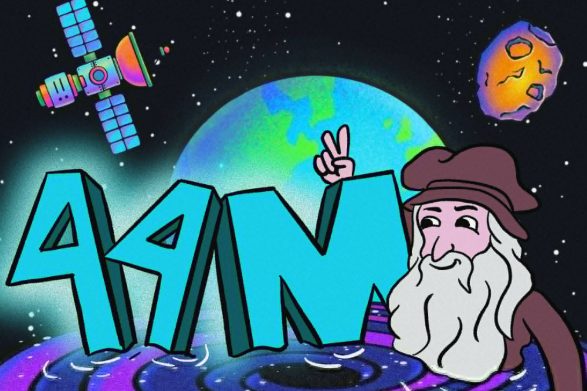宇宙空間で44Mの数字を掲げてピースサインをするキャラクターと地球、人工衛星、隕石の描かれたイラスト。