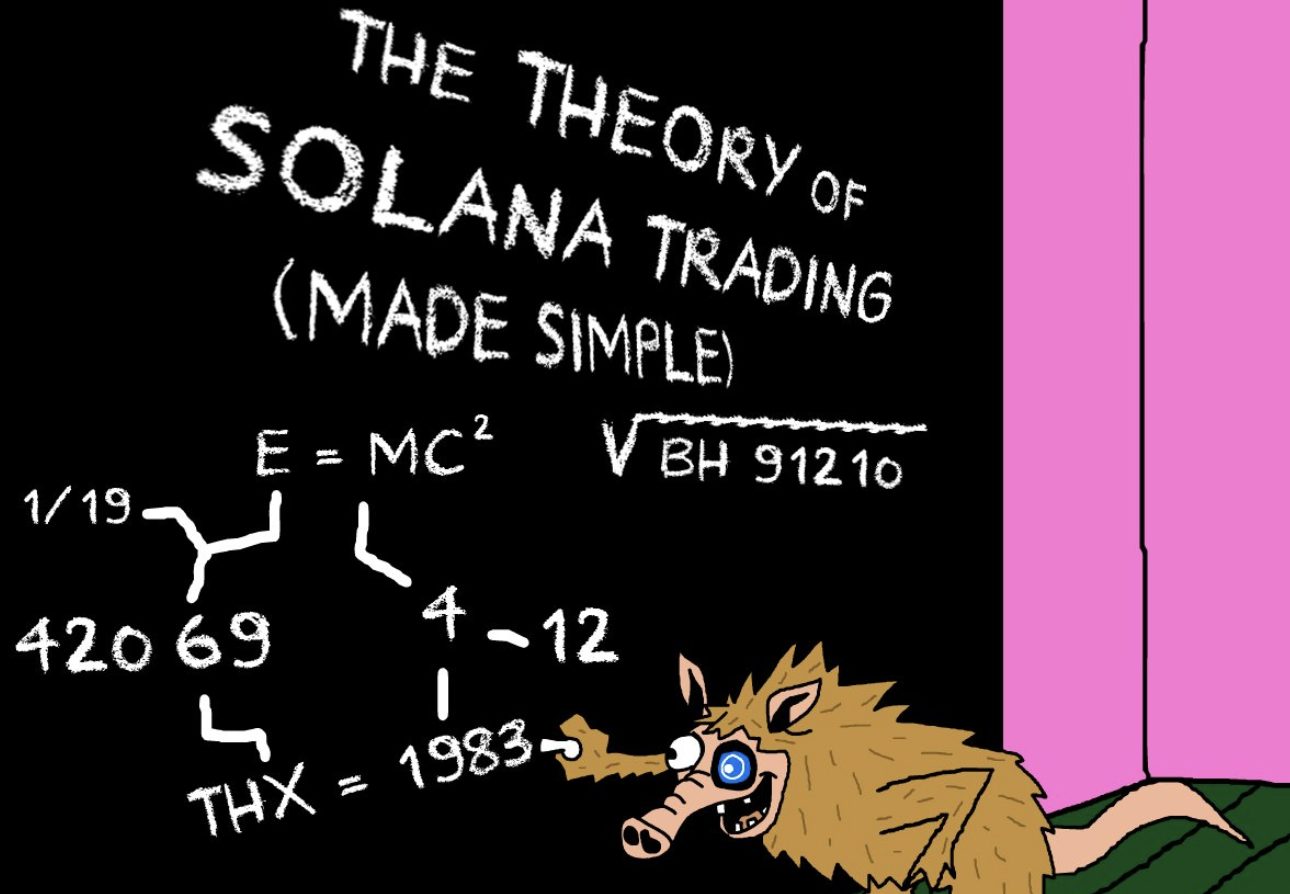 Solanaトレーディング理論を黒板に書き出すSnorterキャラ、ジョーク混じりの仮想通貨ミーム風イラスト