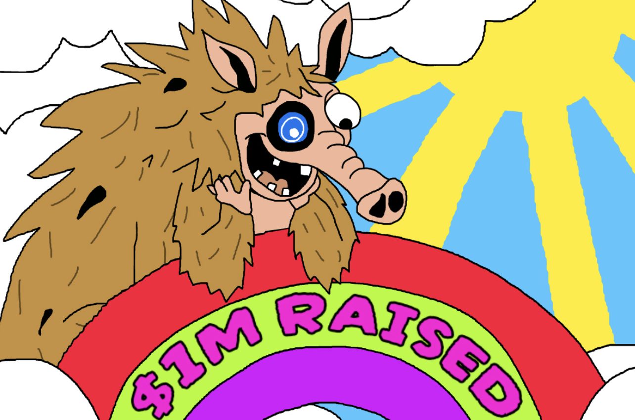 $1M調達に成功したSnorterのマスコットが虹の上で喜ぶ様子を描いたカラフルなイラスト
