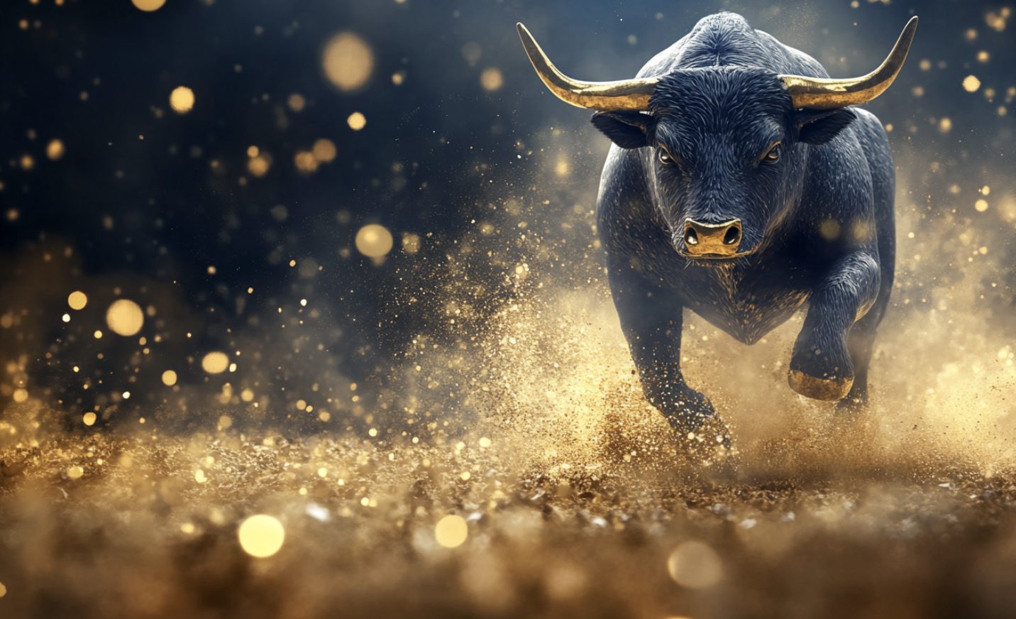 金色の粒子が舞う中を力強く突進するブル（雄牛）、強気相場を象徴するシンボル