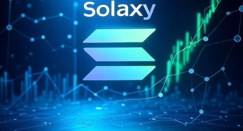 Solanaのロゴと「Solaxy」の文字が浮かぶ青と緑のグラデーション背景に、上昇するチャート線やネットワーク接続を示すノードが重なったデジタルイメージ。