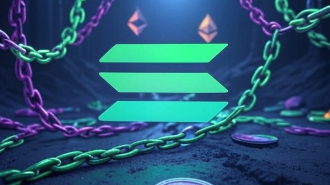 暗い背景に浮かぶSolanaのロゴを中心に、カラフルなチェーンが絡み合うビジュアル。クロスチェーン技術やブロックチェーン間の接続性を象徴する未来的なデザイン。