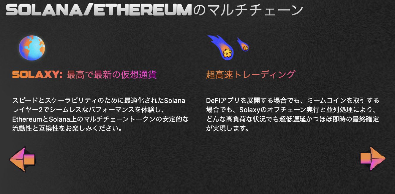 SolanaとEthereumのマルチチェーン対応を強調するSolaxyの特徴を紹介。スピード・スケーラビリティ・オフチェーン実行による超高速トレーディング性能を解説する図