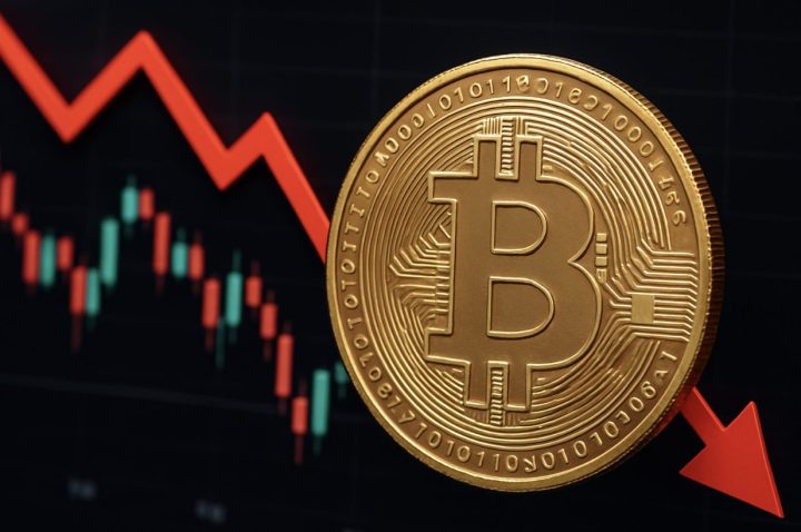 ビットコイン価格の急落を示すチャートと下落トレンドの赤い矢印、ビットコインコインのシンボルが中央に配置されたグラフィック