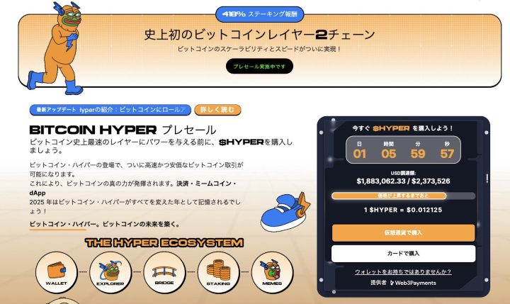 ビットコインのレイヤー2チェーン「Bitcoin Hyper（ビットコイン・ハイパー）」のプレセール画面。$HYPERのトークン価格、残り時間、総調達額、エコシステムの構成要素（ウォレット、ブリッジ、ステーキング、ミームなど）が視覚的に紹介されている。