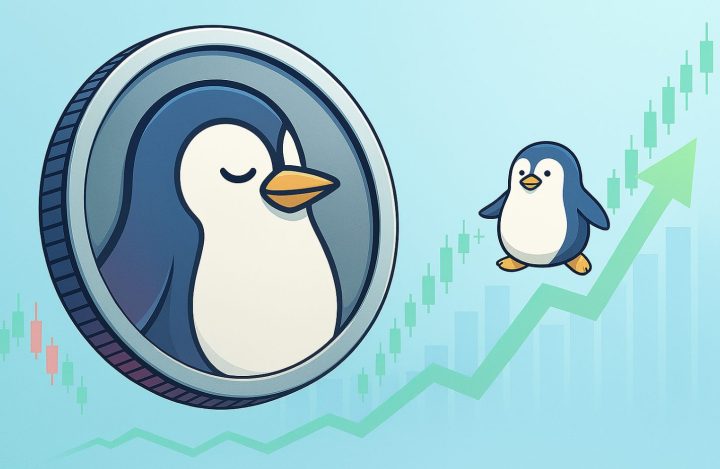 上昇チャートに乗って飛躍するペンギンと、コインに描かれたペンギンのキャラクター。$PENGUの価格高騰を象徴するイラスト