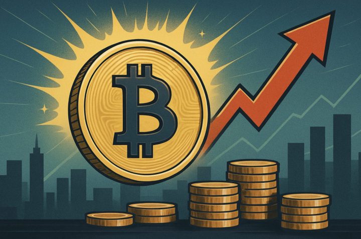 ビットコインの上昇を象徴するイラスト。金色のビットコインと上昇する赤い矢印、積み上がるコイン、背景には金融チャートと都市のシルエットが描かれている