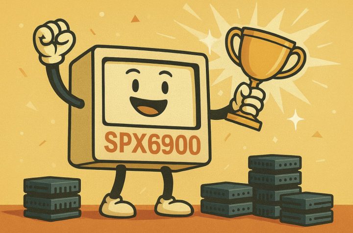 トロフィーを掲げて喜ぶSPX6900のキャラクターと、周囲に積み上げられた仮想通貨のサーバーを描いたイラスト