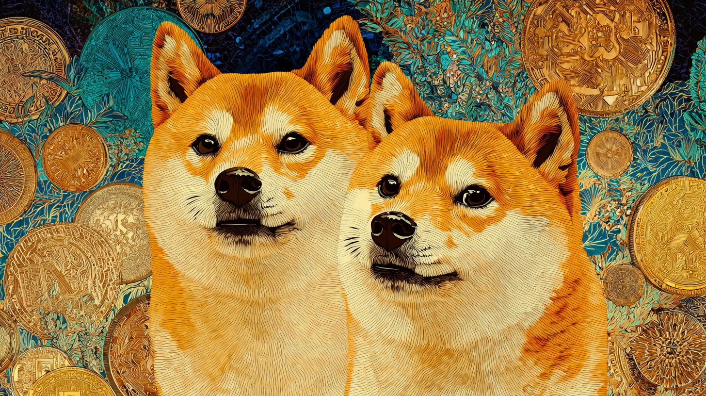 2匹の柴犬が並ぶミームコイン風イラスト。背景には多数の金色の仮想通貨コインがちりばめられ、華やかで幻想的な雰囲気が漂うアート作品。