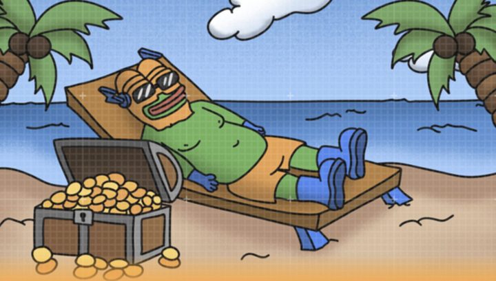 ビーチチェアでリラックスしながら、宝箱の仮想通貨で悠々自適に過ごすキャラクターのイラスト。仮想通貨投資の成功をユーモラスに表現