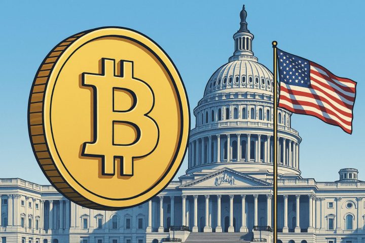 アメリカ合衆国議会議事堂と星条旗を背景にしたビットコインの巨大なアイコン。仮想通貨とアメリカの規制動向を象徴する構図
