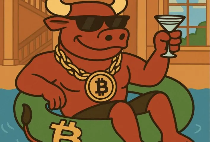サングラスと金のビットコインネックレスをつけた闘牛が、プールでビットコイン柄の浮き輪に座りながらマティーニグラスを手にくつろいでいるイラスト。ラグジュアリーな夏の雰囲気を演出した$BTCBULLのミームビジュアル