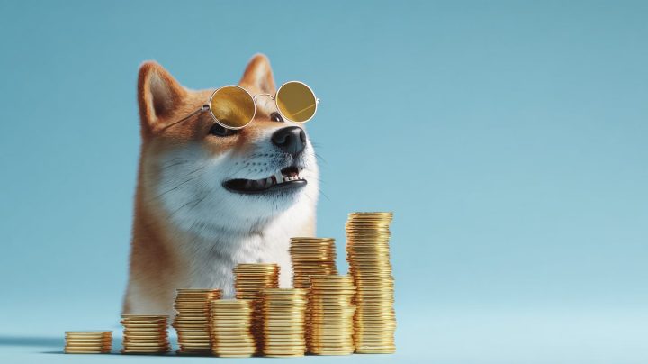 サングラスをかけた柴犬が金貨の山の前に座っている、ミームコイン・ドージコインの象徴的イメージ