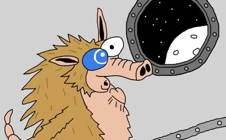宇宙船の窓から月面を見つめるキャラクター風のツチブタ。大きな青い目を輝かせながら、宇宙への憧れと冒険心を象徴するコミカルなイラスト