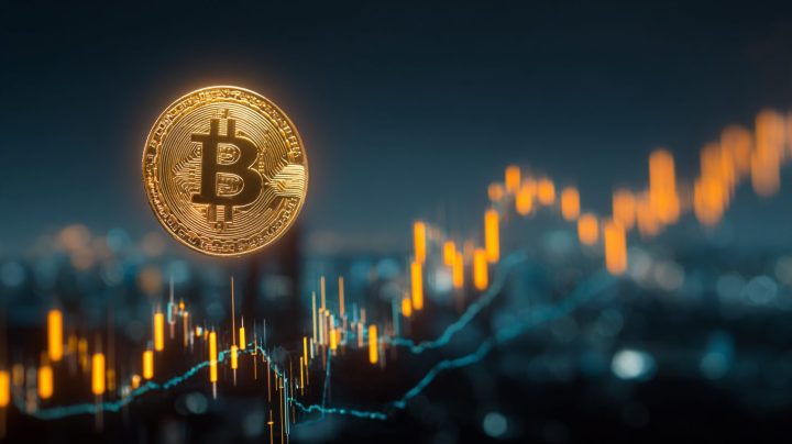 ビットコインの価格チャートが上昇トレンドを描く夜景背景のイメージ。仮想通貨市場の活況と投資家の期待を象徴