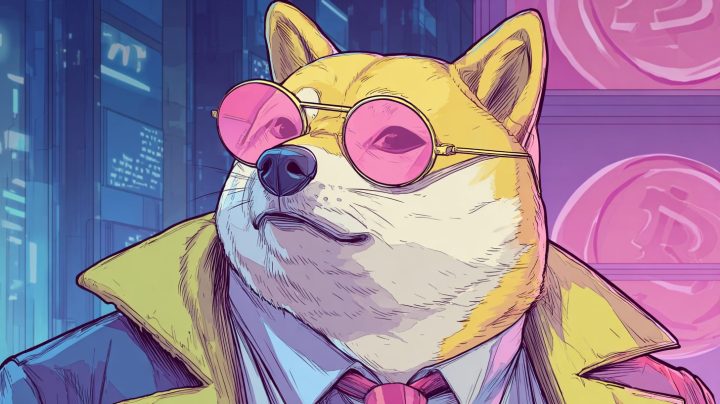 ピンクのサングラスとスーツを着用した柴犬キャラクターが、サイバーパンク風の背景で未来的な仮想通貨の世界を表現。ミームコインを象徴するアイコンとして描かれている
