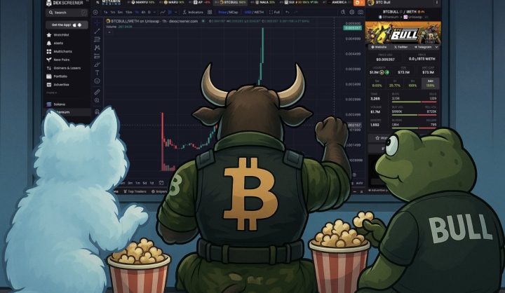 ビットコインのロゴ入りベストを着た牛、BULLと書かれたシャツのカエル、白い犬のキャラクターがポップコーンを食べながらDEX Screenerのチャート急騰を見守るイラスト