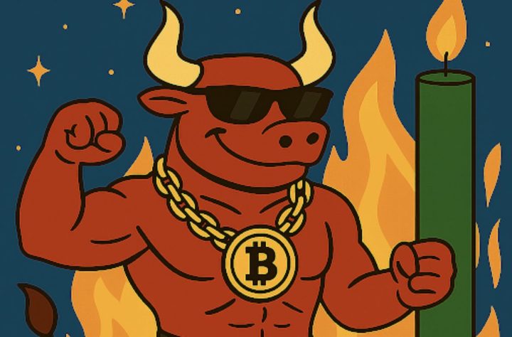 ビットコインのロゴがついた金のネックレスをかけ、サングラスをかけたマッチョな雄牛がキャンドルと炎を背景にガッツポーズするイラスト